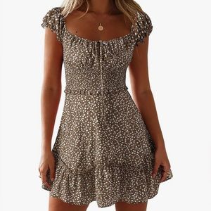 Brown with White Flowers Mini Ruffle Dress